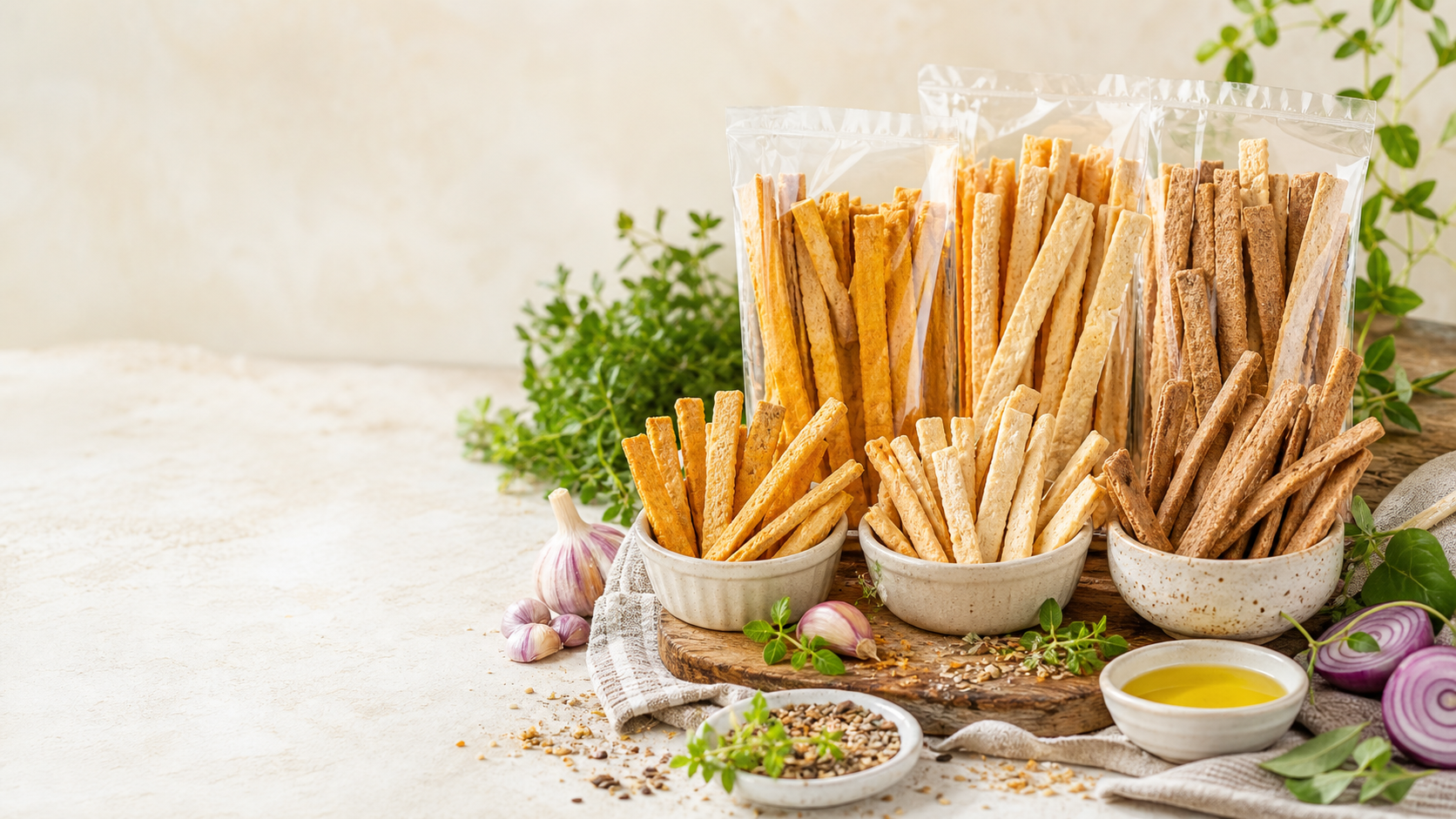 Variedad de grisines con hierbas y semillas